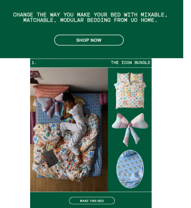 Urban Outfitters’ Spring email newsletter titled change the way you make your bed with mixable matchable modular from home